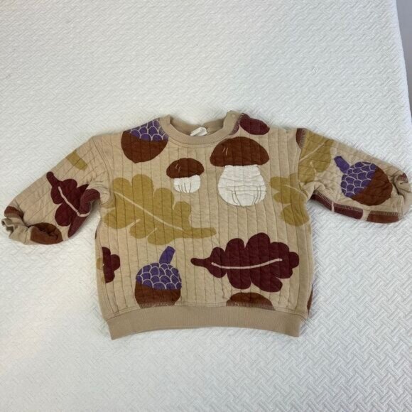 H&M US 18 24 M Fall Acorns Leaves Mushrooms Brown Pullover Sweater Quilted - Picture 1 of 10